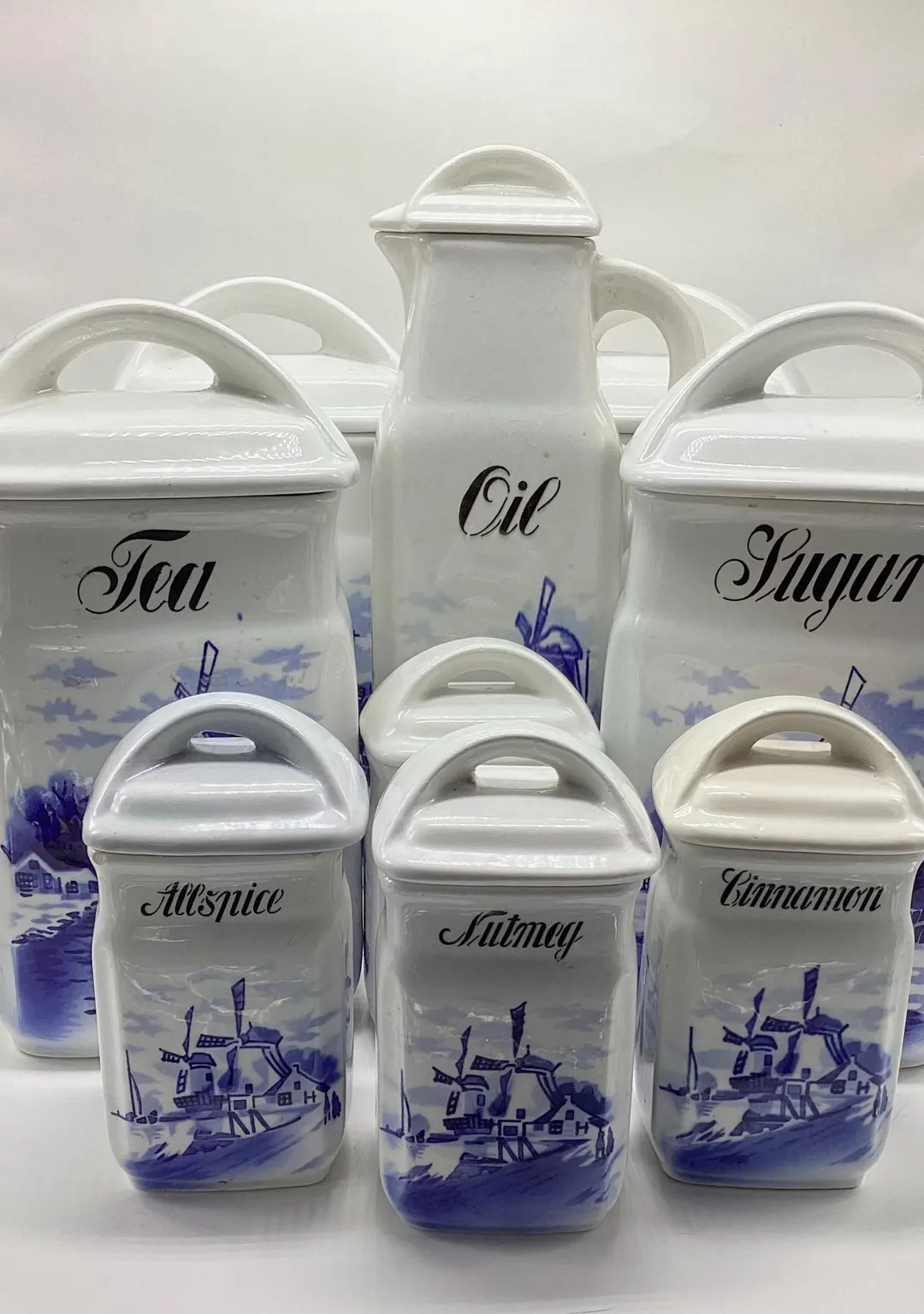 10-Piece Vintage Set of Blue and White Stoneware Kitchen Jar or Canister Set With Dutch Design - ... | Etsy (US)