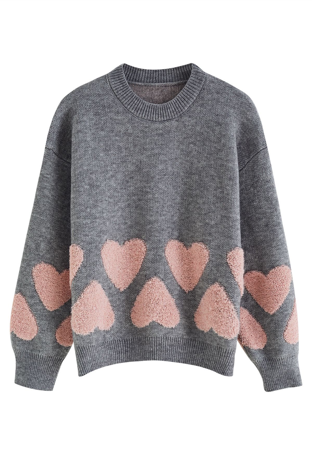 Tender Fuzzy Heart Jacquard Knit Sweater in Grey | Chicwish