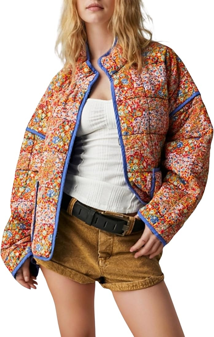 Omoone Women's Cropped Quilted Jacket Floral Printed LightWeight Padded Puffer Cardigan Coat Outw... | Amazon (US)