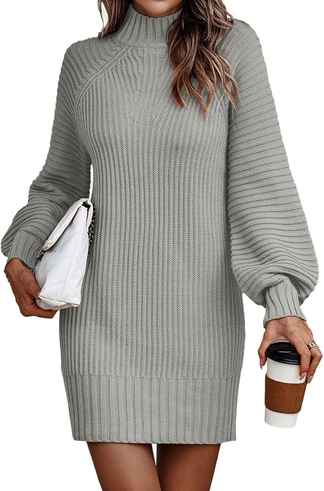LILLUSORY Women's Mock Turtleneck Sweater Dress Trendy Pullover Puff Sleeve Fall Dress Knit Winte... | Amazon (US)