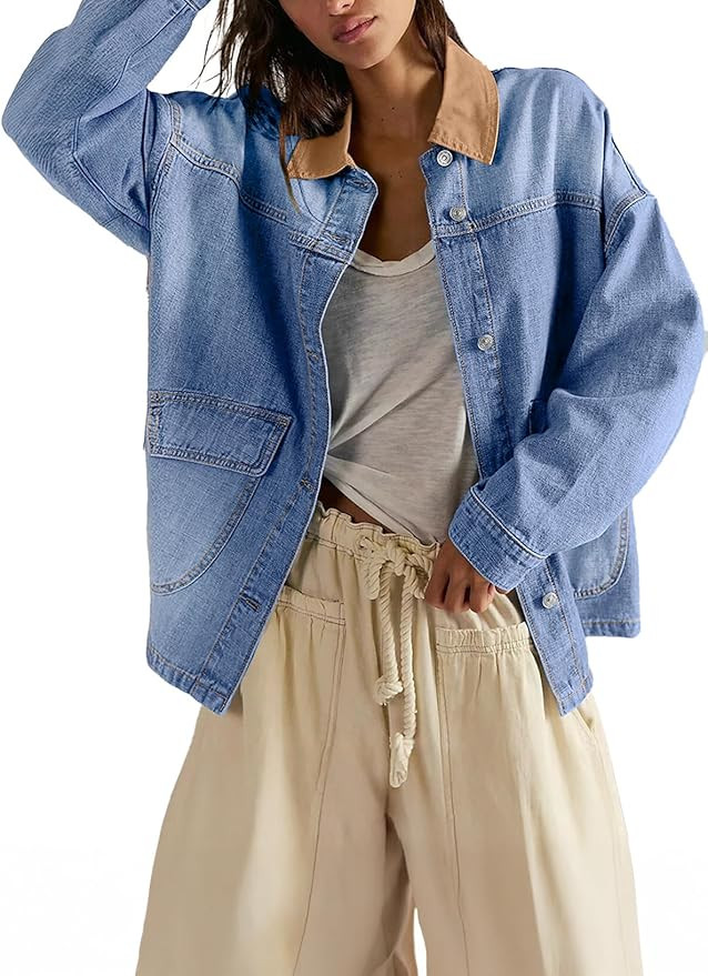 EVALESS Jean Jacket Women Trendy Color Block Denim Jacket Oversized Long Sleeve Button Down Jacke... | Amazon (US)