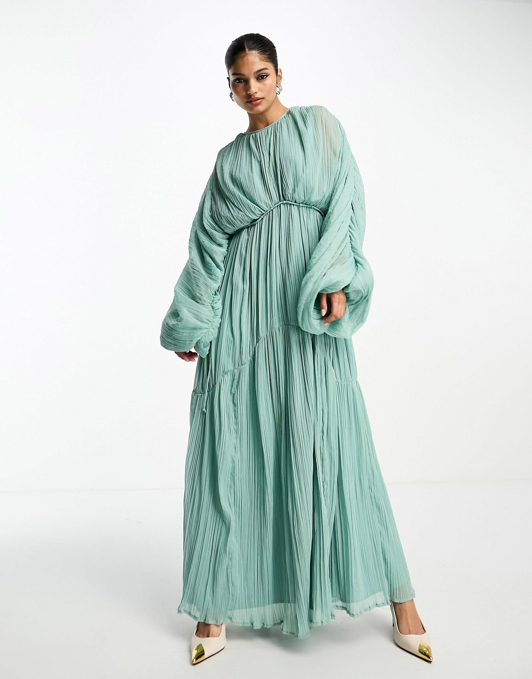 ASOS DESIGN micro pleated batwing trapeze maxi dress in sage | ASOS (Global)