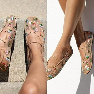 MAVMAX Nude Mesh Ballet Flats for Women Tulle Floral Embroidered Mary Jane Ballerina Round Toe Co... | Amazon (US)