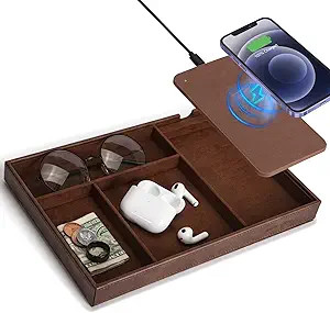 Mens Valet Tray, Nightstand Organizer with Wireless Charger, Leather Desk Drawer Organizer Tray w... | Amazon (US)