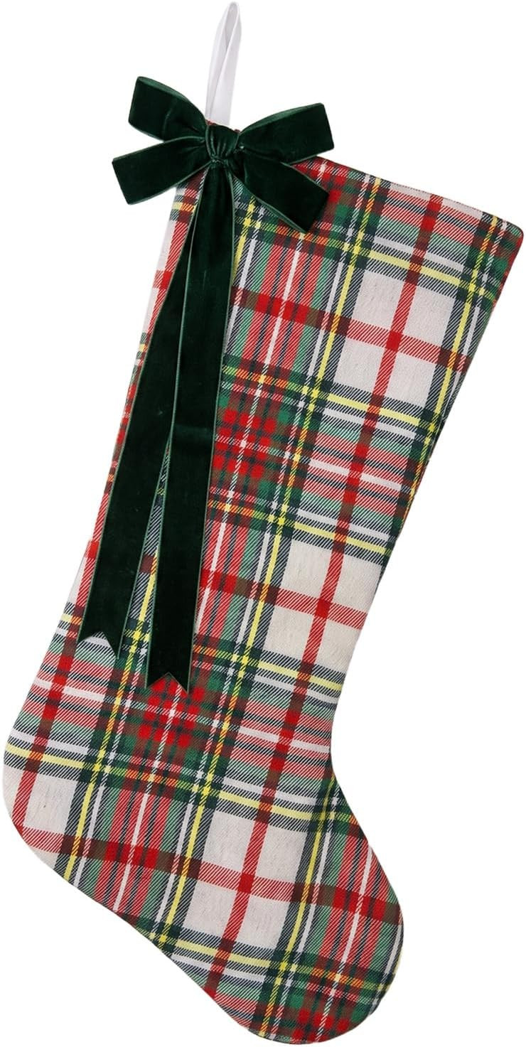 Large Christmas Stockings, 19" Vintage Green Plaid Christmas Stocking Fireplace Hanging Xmas Stockings Decoration Ornaments for Family Holiday Season Decor | Amazon (US)