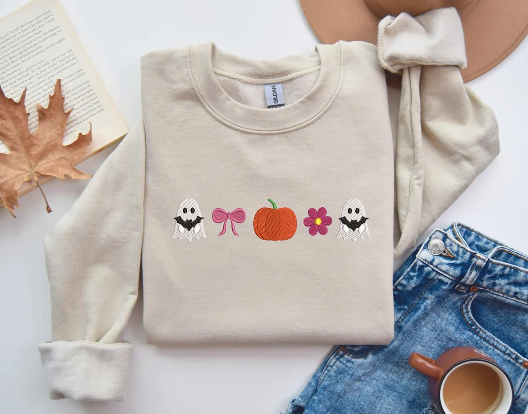 Embroidered Halloween Little Ghosts Shirt, Little Ghost Pumpkin Sweatshirt, Embroidered Halloween... | Etsy (US)