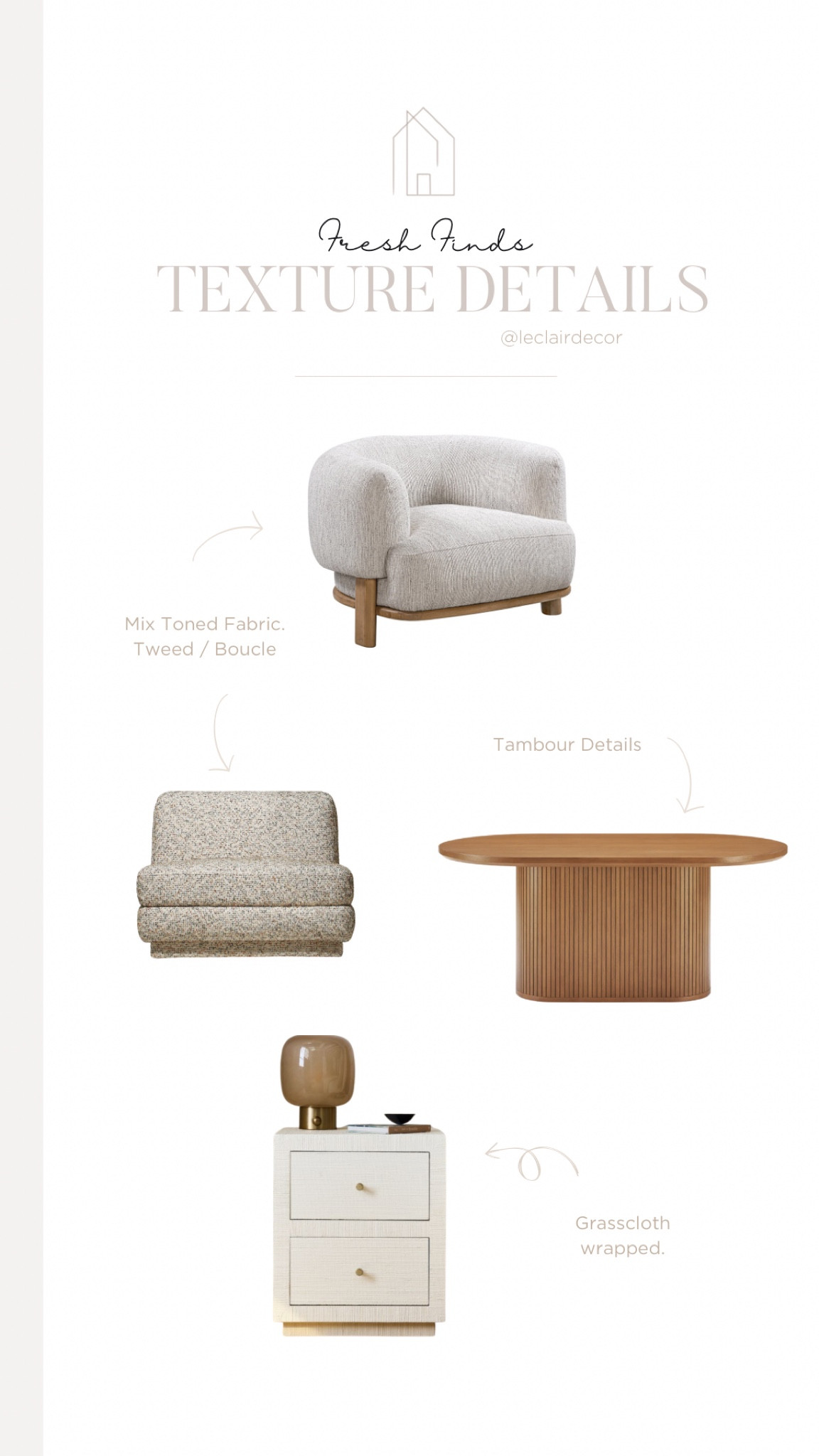 Warm Modern Design 
Interior design details. 
Interior design trends. 

- Textured Fabric 
- Tambour Wood Detailing 
- Grasscloth Wrapped Furniture 

Armchair  (LDShoppe) 
Armless Chair (Industry West) 
Dining Table (Castlery)
Nightstand (West Elm) 

#LTKHome