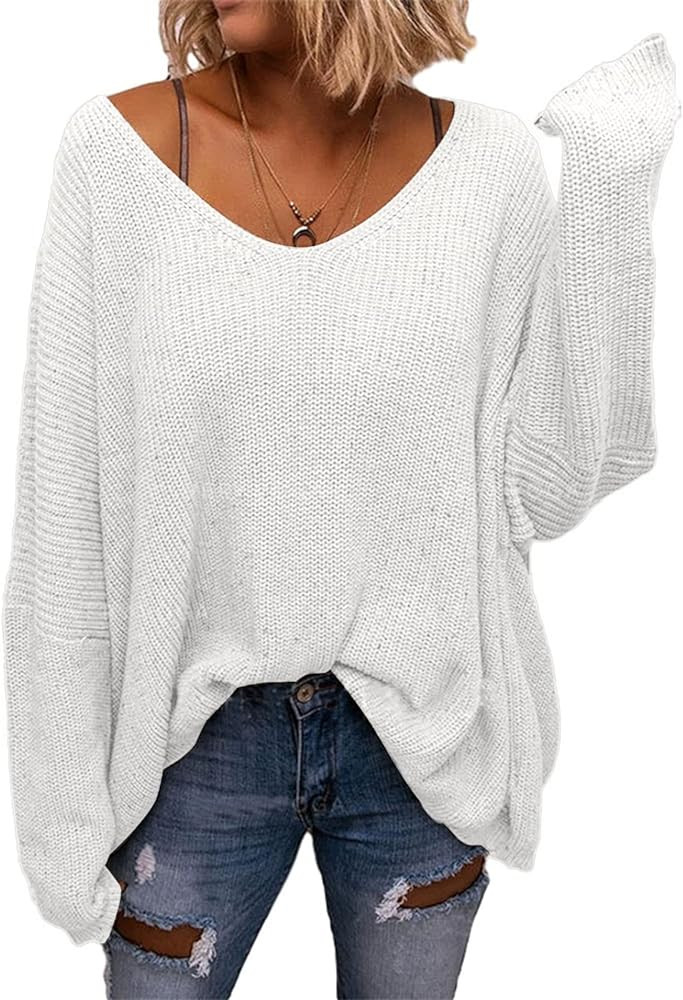 BZB Women's V Neck Long Sleeve Knit Loose Oversized Pullover Sweater Top | Amazon (US)