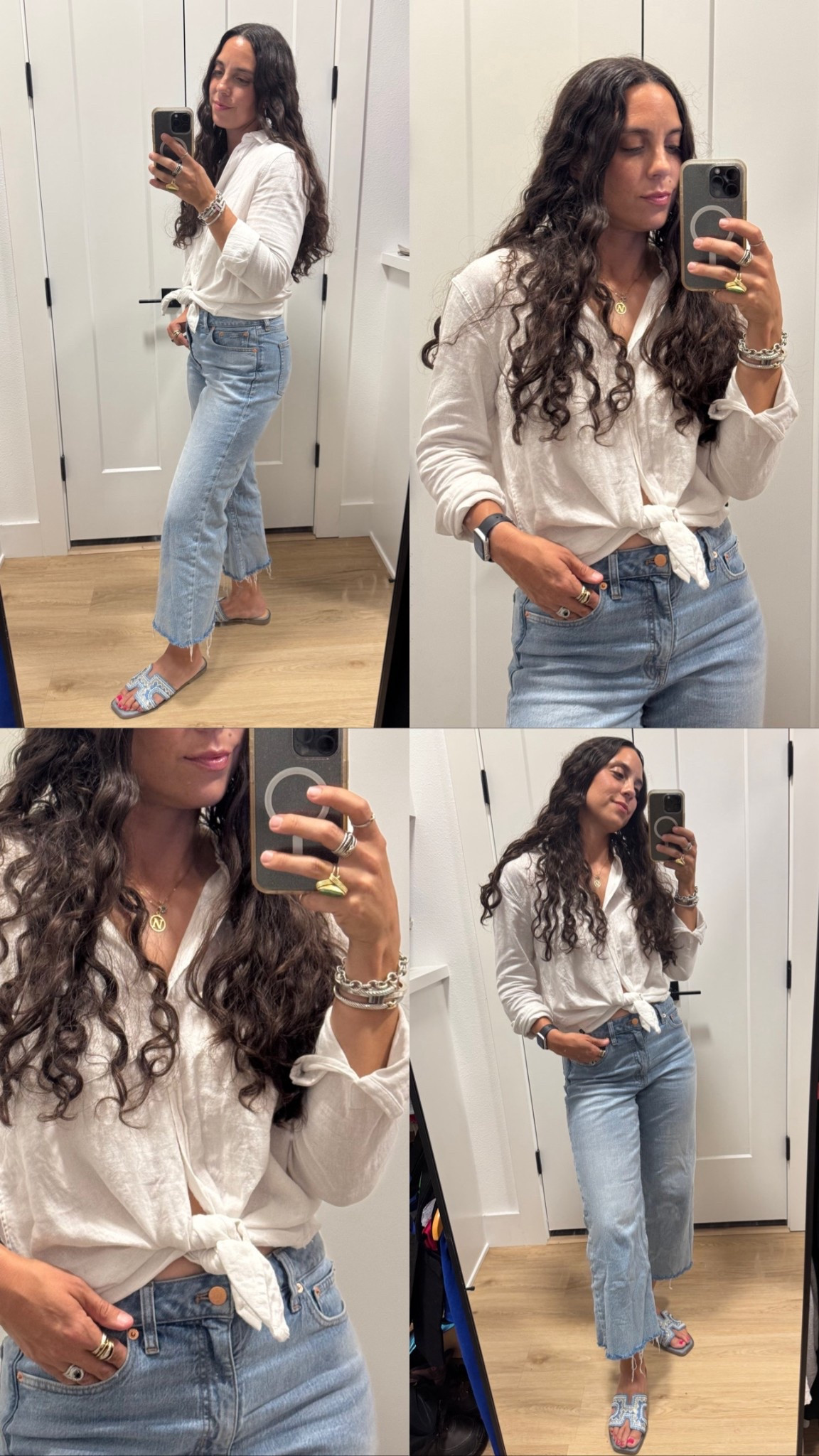 What I wore to the 2025 Homecoming Parade. 🎉 A classic white linen button down top by Gap to beat the heat, some high-waist wide-leg denim with a raw hem by J.Crew, a pair of coastal inspired slides by Madden Girl, and all of my favorite accessories. Really into coastal inspired looks rn! 🌊 ☀️ 

#LTKFindsUnder100 #LTKFindsUnder50 #LTKStyleTip
