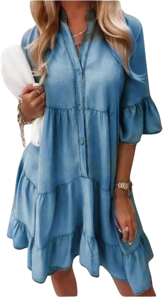 ebossy Women's Summer Casual 3/4 Sleeve Ruffle Jean Dress Tiered Flowy Button Down Shirt Dress 20... | Amazon (US)