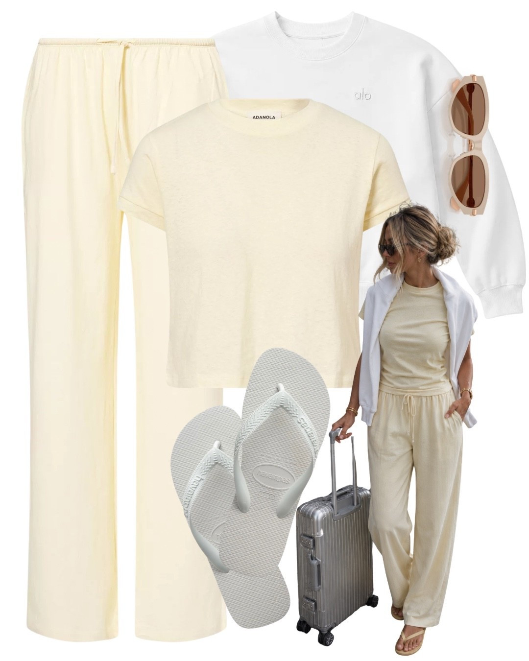 Airport outfit ✈️ 
Butter yellow co ord set, cotton material, drawstring trousers, white Havaianas flip flops, white Alo yoga sweatshirt.
Comfy travel outfit, adanola, lounge wear @Alo Yoga

#LTKsummer #LTKeurope #LTKtravel