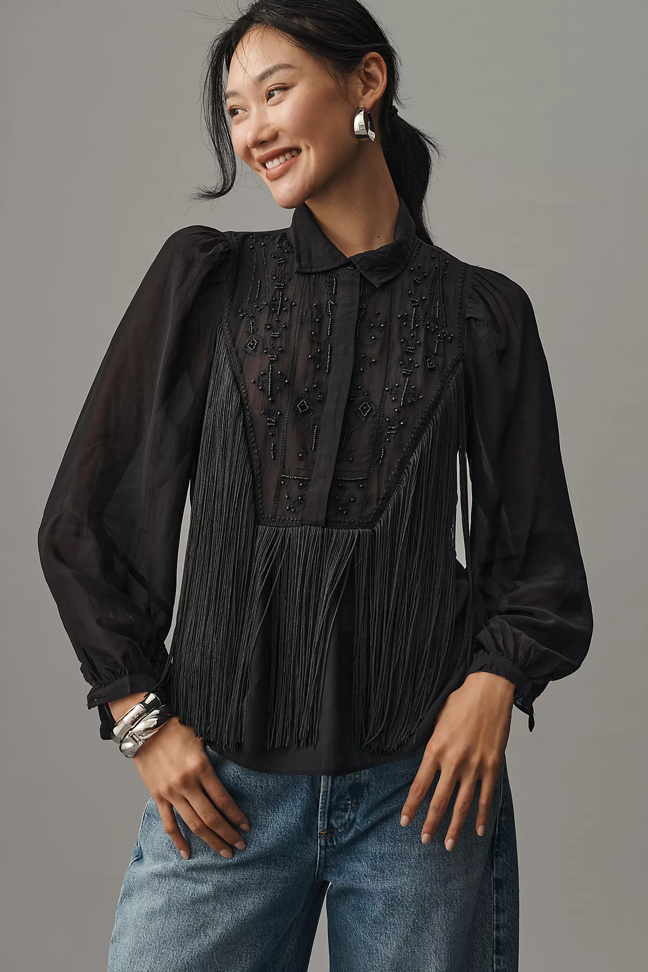 By Anthropologie Long-Sleeve Collared Embellished Fringe Blouse | Anthropologie (US)