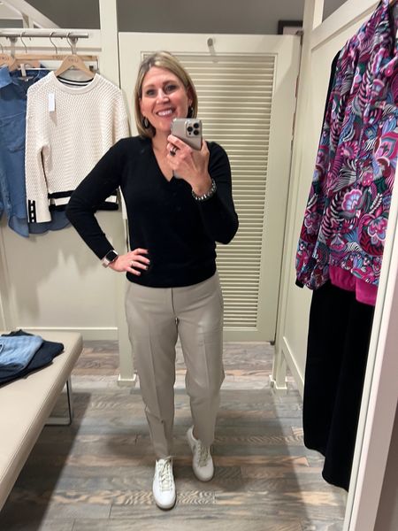 Easy stretchy pants. Color is abalone grey. But come in lots of colors. Run tts. Soft sweater. Lots of colors available! Favorite sleek white/neutral sneakers. Run tts. 

#LTKtravel #LTKworkwear #LTKshoecrush