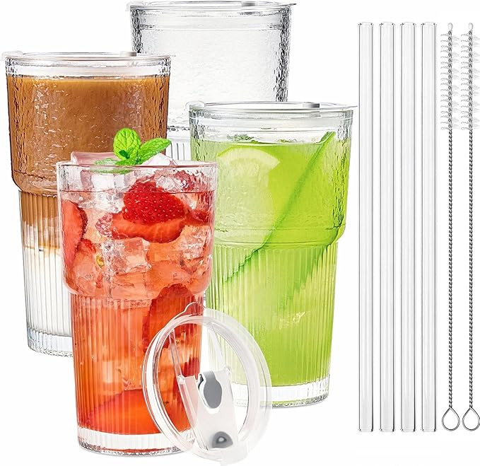TUZAZO 20 Oz Glass Tumblers with Lids and Straws - 4 Pack Embossed Glass Iced Coffee Cup with Str... | Amazon (US)