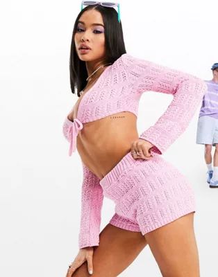 ASOS DESIGN crochet cardi and shorts set in pink | ASOS (Global)