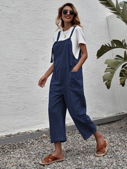 Solid Dual Pocket Suspender Jumpsuit | SHEIN