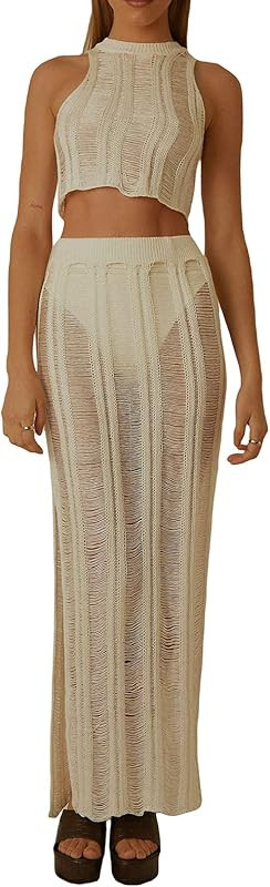 Women Two Piece Maxi Skirt Set Crochet Knit Sleeveless Backless Hollow Out See Through Bikini Cov... | Amazon (US)