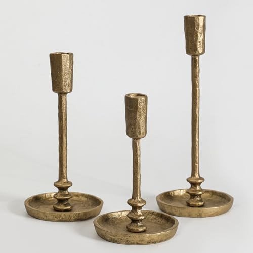 Rustic Cast Iron Taper Candle Holder - Set of 3 Vintage Candle Stands, Candlestick Holders for Wedding, Dining, Party Décor (Antique Brass) | Amazon (US)