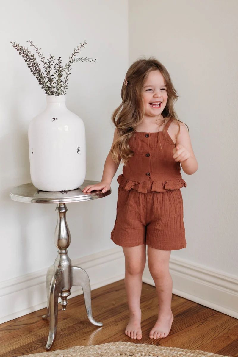 Happy Sight Brown Girls Button Two Piece Set | Pink Lily