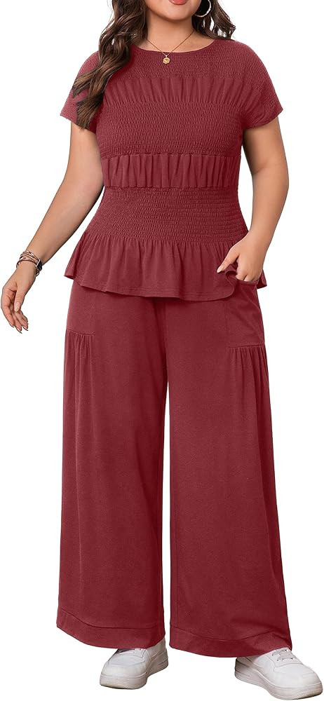 Plus Size 2 Piece Outfits for Women Smocked Top Wide Leg Pants Set Casual Lounge Matching Set wit... | Amazon (US)