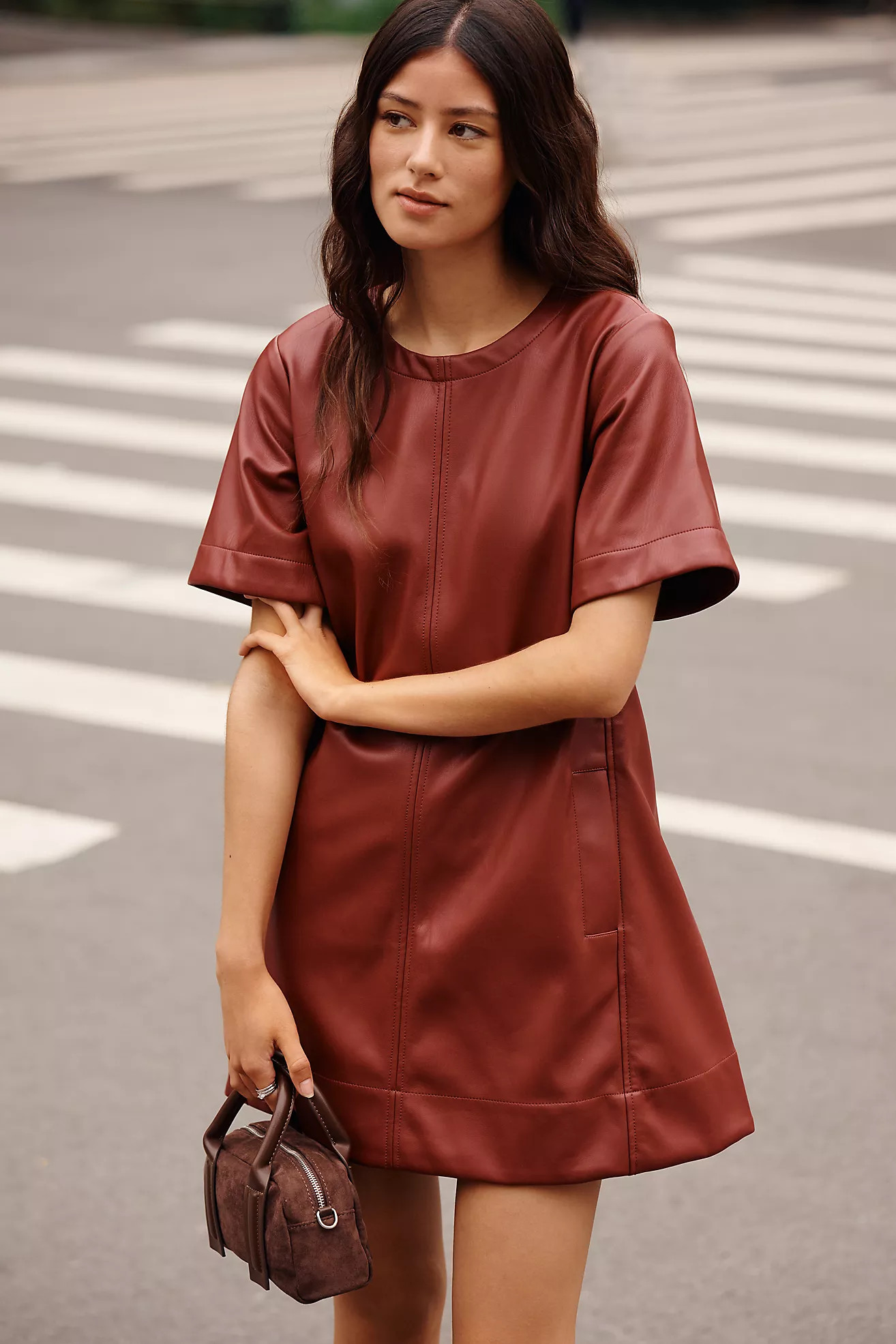 Emmy Faux Leather Short-Sleeve Mini Dress by Maeve | Anthropologie (US)
