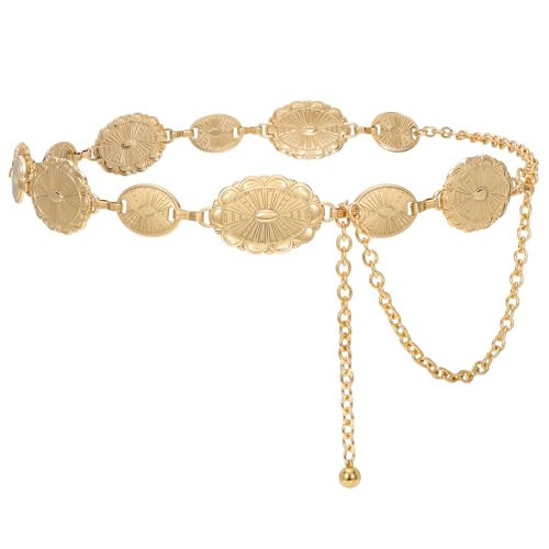 JASGOOD Western Concho Belt Women Cowgirl Metal Belts Boho Gold Shiny Waist Link Chain Country Concert Outfit for Dress (Shiny Gold) | Amazon (US)