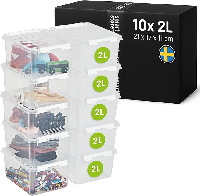 SmartStore - 10x Plastic Storage Box with Lid Classic 2L (21x17x11cm) |Storage Drawers|Food-Safe ... | Amazon (UK)