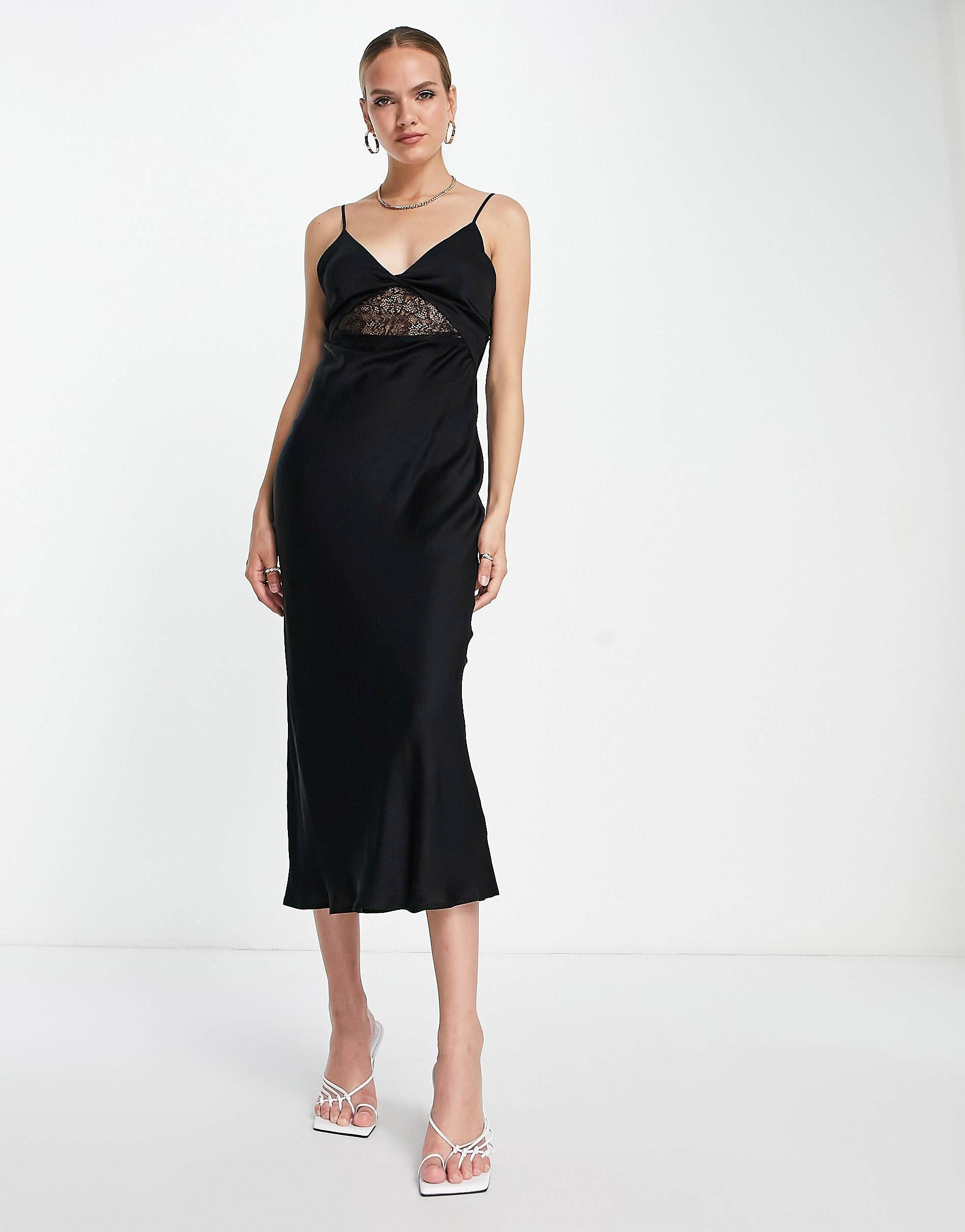 Topshop lace trim midi slip dress in black | ASOS (Global)