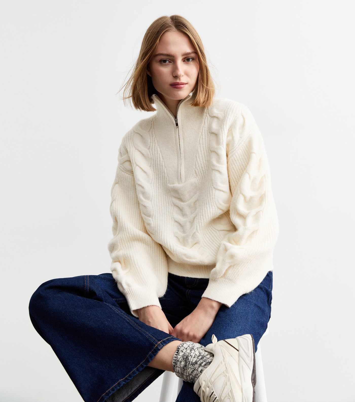 Cream Cable Knit Half Zip Jumper | New Look | New Look (UK)