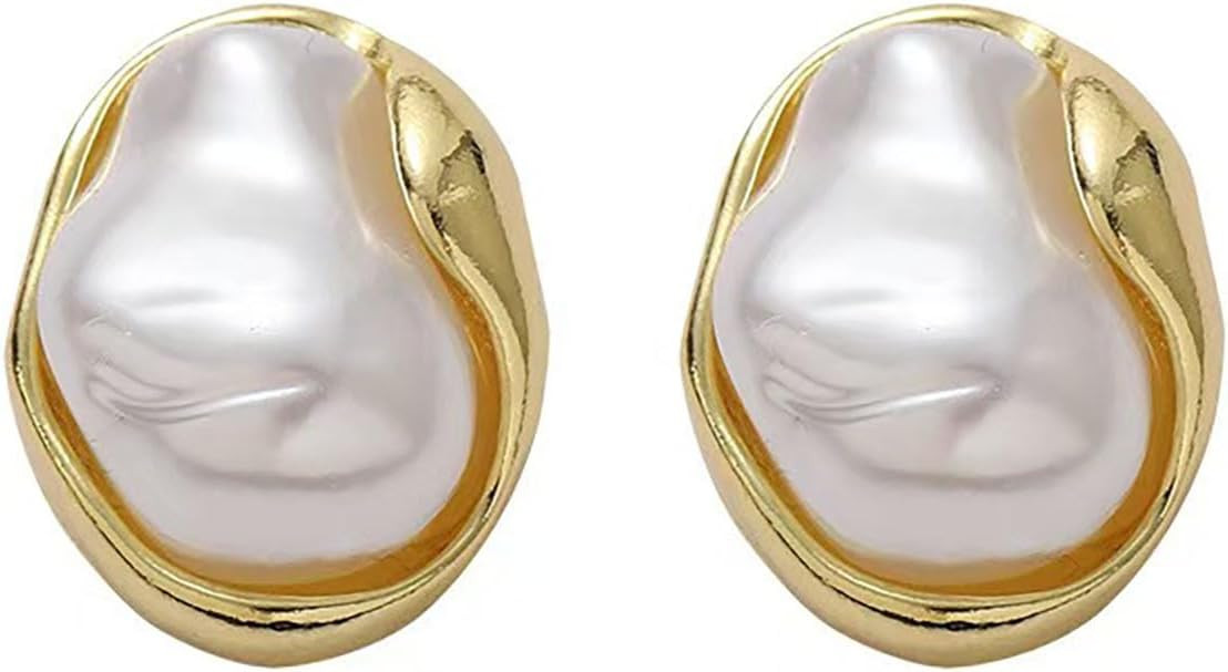 Baroque Pearl Stud Earrings For Women 14k Gold Plated Irregular pearl Earrings Chunky Big Pear Ea... | Amazon (US)