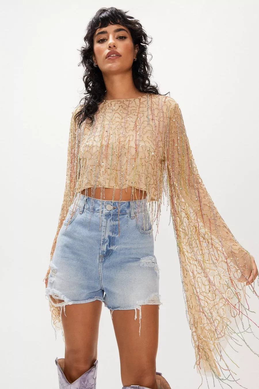 Flared Sleeve Tassel Sequin Crop Top | Nasty Gal (US)