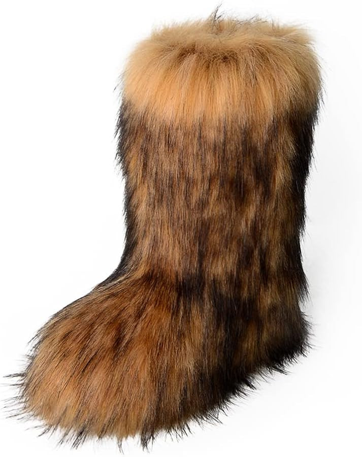 Women's Faux Fur Boots Winter Fuzzy Fluffy Warm Furry Snow Boots Flat Shoes | Amazon (US)