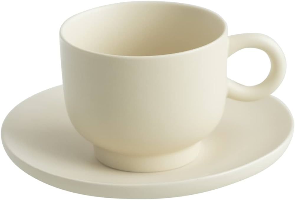 WENSHUO Cappuccino Cup, Round Retro Coffee Mug, Cup and Saucer Set, Matte Crème, 6.7 oz | Amazon (US)