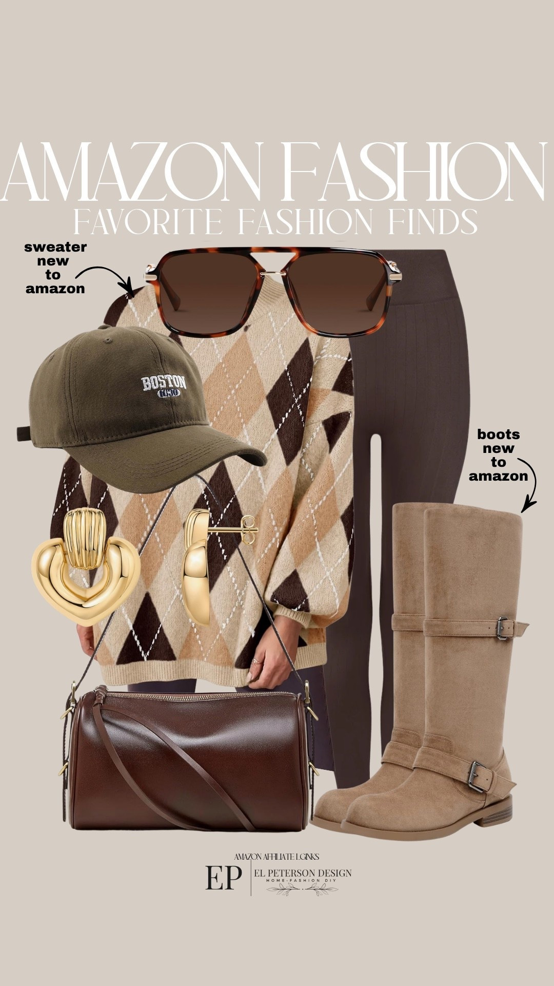 Amazon
Leggings
Sweater
Knee high boots
Purse
Earrings
Sunglasses
Cap