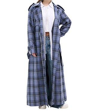 Azalea Wang Hobbs Plaid Pattern Notch Collar Belted Button Front Trench Jacket - L | Dillard's