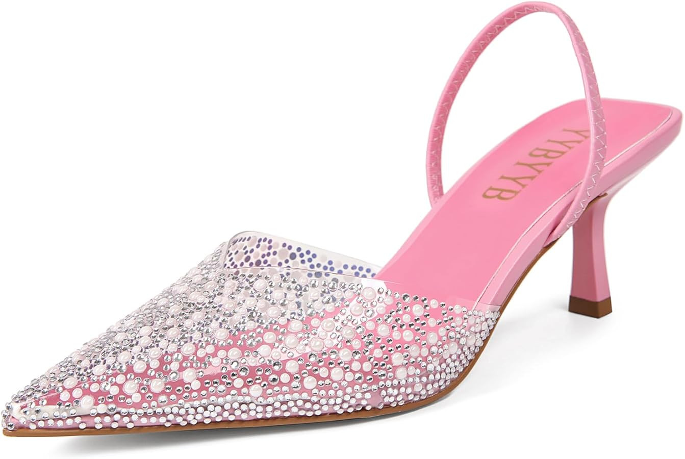 Women's Kitten Heels Pearl Closed Pointed Toe Pumps Rhinestone Slingback Heels Wedding Bride Dres... | Amazon (US)