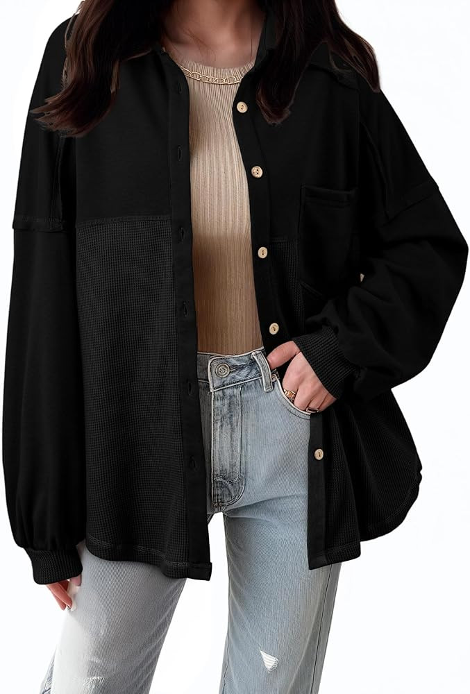 SHEWIN Women's Waffle Knit Button Down Shirts Casual Long Sleeve Shacket Jacket Boyfriend Tops Bl... | Amazon (US)