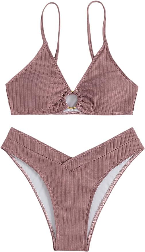 SheIn Women's High Cut Swimsuit Triangle Ring Ruched Bikini Set Ribbed Knit Bathing Suit | Amazon (US)