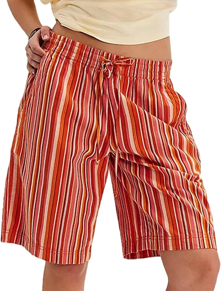 MISSACTIVER Women Stripe Bermuda Shorts Knee-Length Drawstring Elastic Waist Wide Leg Baggy Short... | Amazon (US)