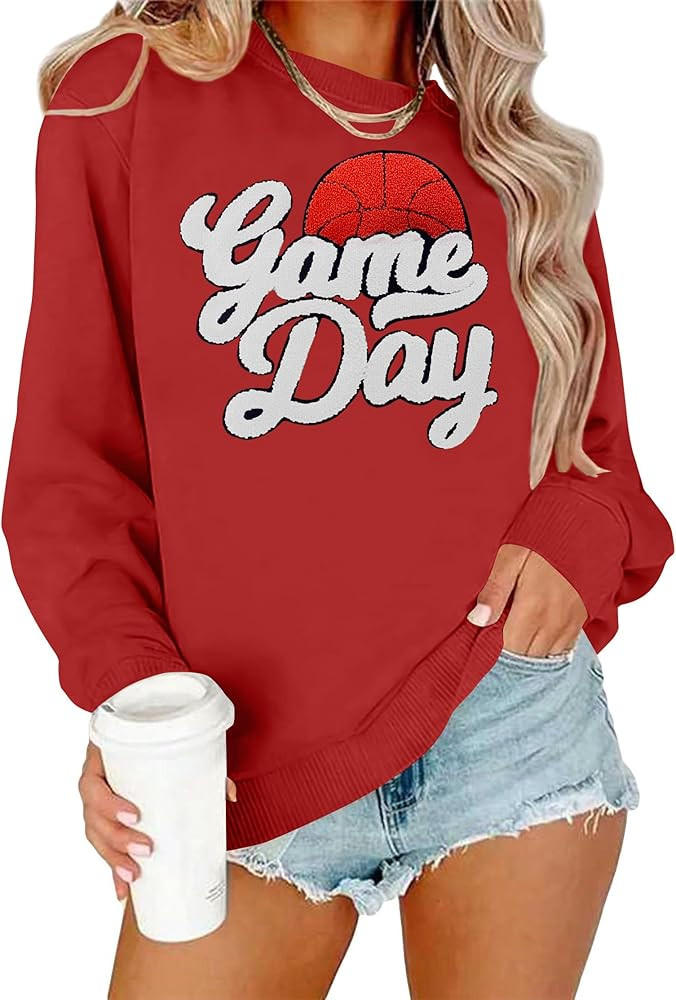 Basketball Game Day Sweatshirt for Women Game Day Chenille Patch Shirts Basketball Graphic Long S... | Amazon (US)