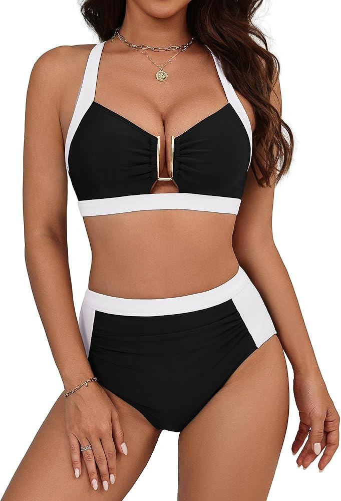 Hanna Nikole Womens High Waisted Bikini Sets, Slimming Modest Tummy Control Swimsuits, Cutout Cri... | Amazon (US)