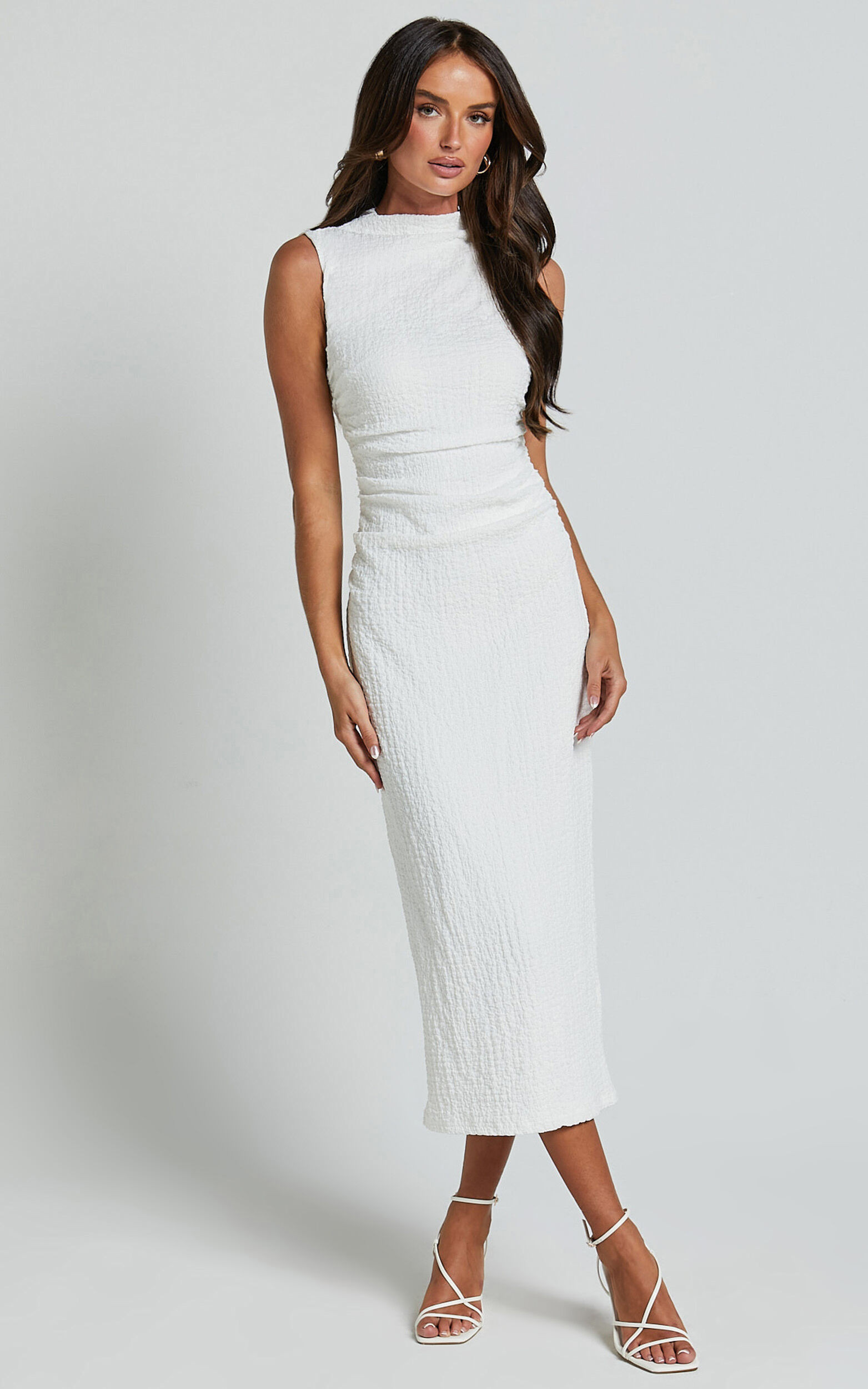 Aleks Midi Dress - High Neck Bodycon Dress in Off White | Showpo (US, UK & Europe)