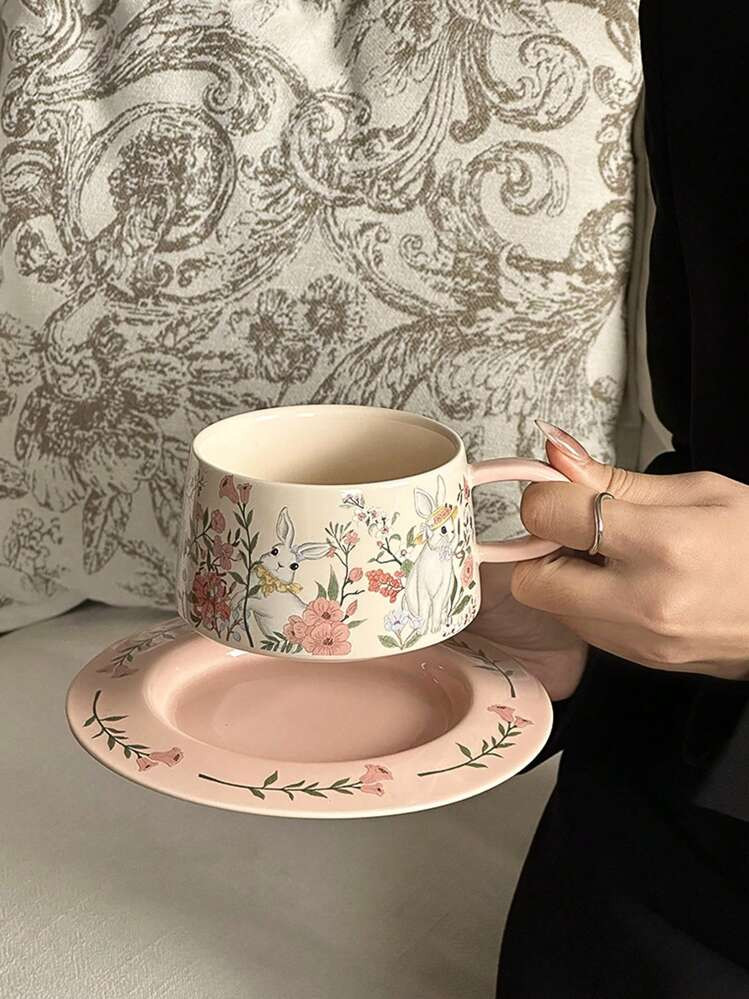 1 Set Tazza Da Caffè E Piattino Con Coniglio Carino - Ceramica Vintage, Adatto Per Il Tè Pomeridiano, Perfetto Anche Per Feste, Ringraziamento E Il Ritorno A Scuola | SHEIN