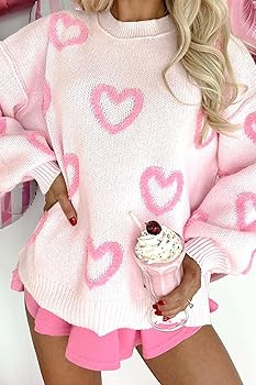 KMBANGI Women Heart Print Sweater Romantic Oversized Knitted Shirt Valentine's Day Love Graphic L... | Amazon (US)