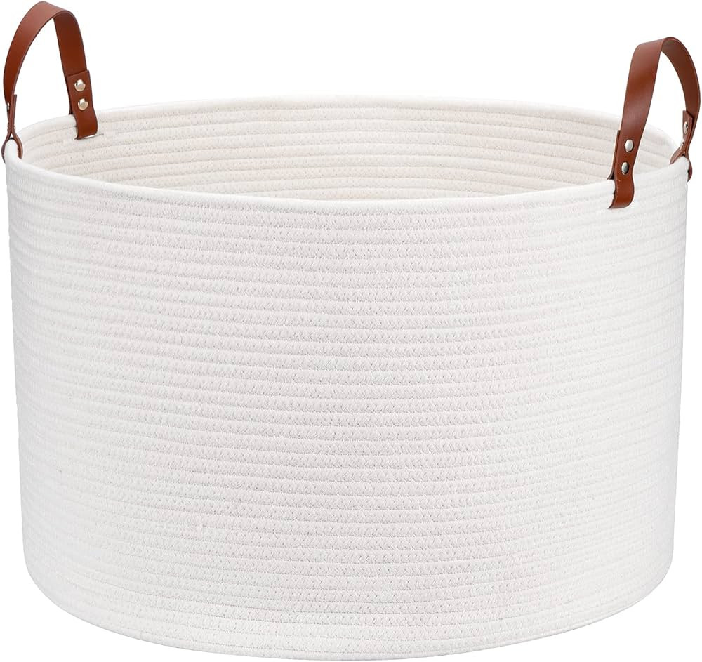 Haidms Extra Large Blanket Basket, XXL Cotton Rope Basket Woven Storage Basket Collapsible Laundry Basket, White Toy Basket with Leather Handles 20''X20''X13'' | Amazon (US)