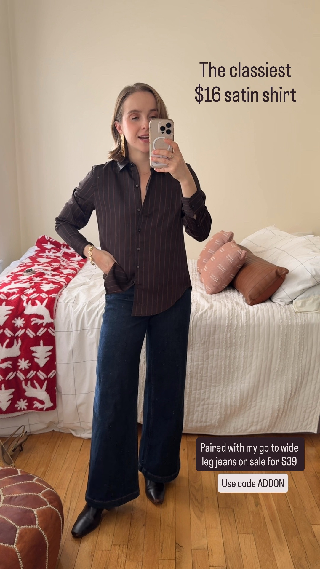 $16 brown stripe satin button down wearing xs
$31 stride wide leg jeans use code ADDON wearing 25 petite 



#LTKootd #LTKPetite #LTKSaleAlert