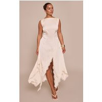 Shape Cream Satin Lace Mix Slash Neck Midi Dress | PrettyLittleThing US