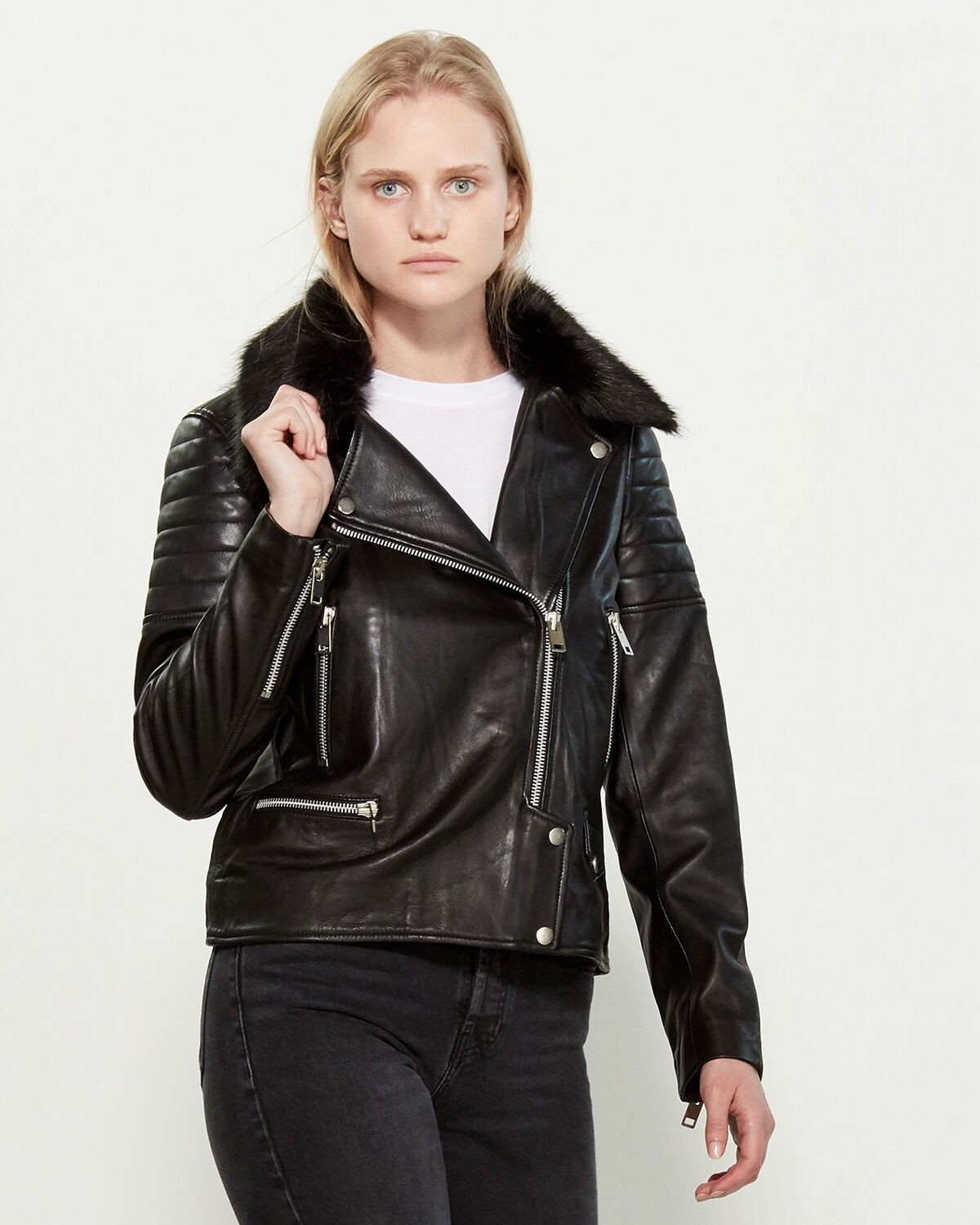 Ruby Faux Fur-Trimmed Leather Biker Jacket | C21 | Century 21 Department Stores