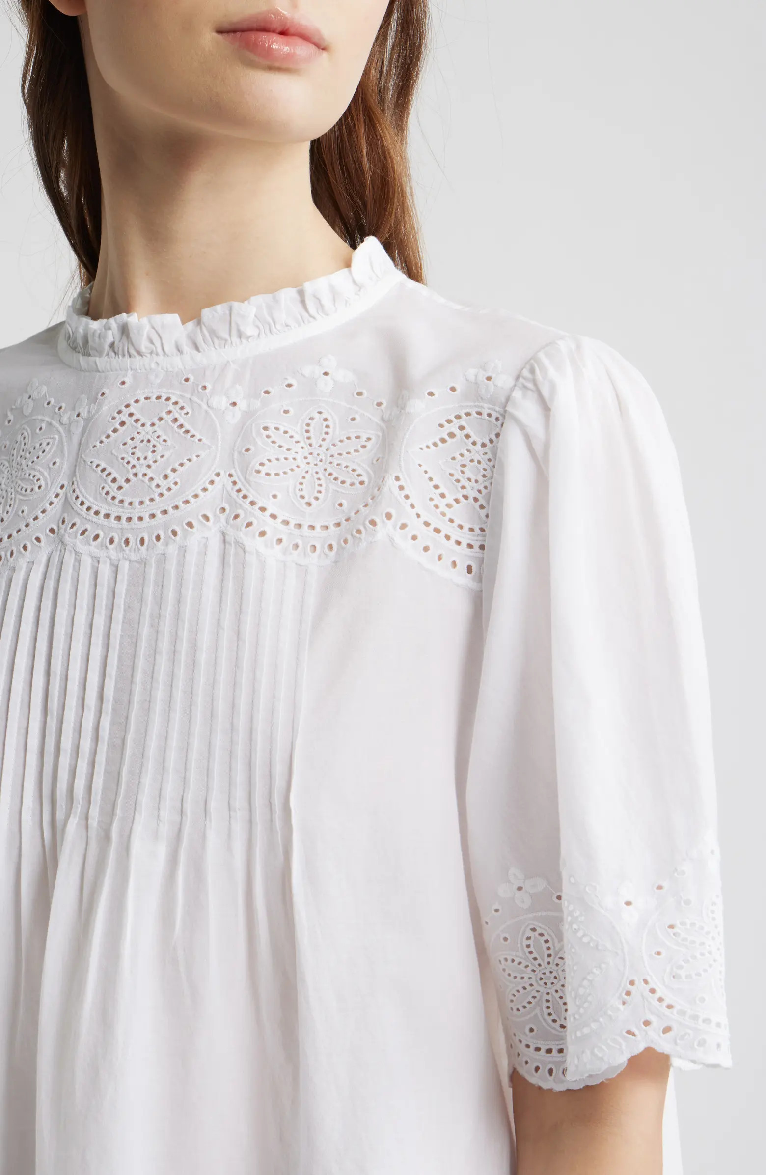 Embroidered Pintuck High Neck Cotton Voile Top | Nordstrom