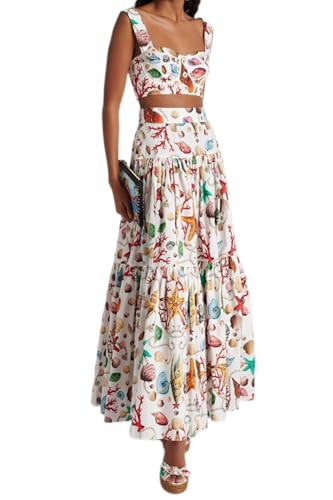 ksotutm 2 Piece Skirt Sets for Women Animal Printed Halter Top High Waist Maxi Skirt Women's Fashion Vacation Outfits White | Amazon (US)